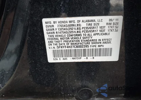 2012 Honda Pilot Lx из США, поврежденный, VIN 5FNYF4H27CB002395